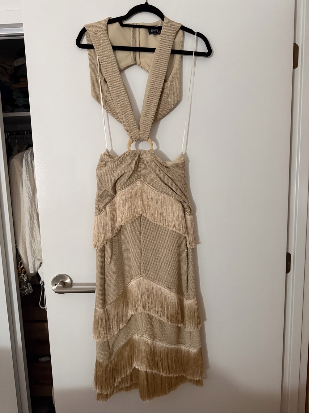 Patbo Beige Fringe Maxi Dress with Gold Ring Detail
